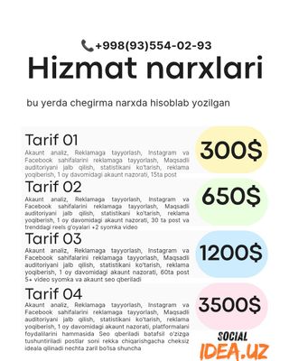 Marketing va SMM xizmati kafolatlangan, natijali