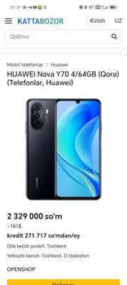 Srochna Sotiladi Huawei Nova y70 4ga 64 ideal xolatda airpods podarka+