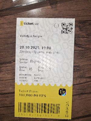 Bilet Konsertga 20-oktabr kuni Xalqlar do‘stligida