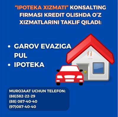 Boshlang'ich tolovsiz ipoteka kreditlari TOSHKENT SHAXAR VA VILOYATIGA