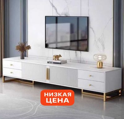 Тумба под ТВ «WhiteGold» 180×30×40 — белый с золотыми ножками