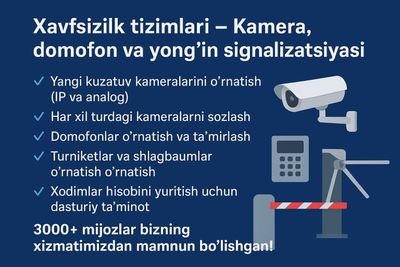 Kameralar, domofon, turniket va shlagbaum o‘rnatish.