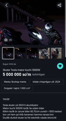 skuter sotiladi 5000000 +kaska bor 1000W mator