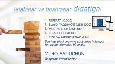 Taqdimot, Refarat, kurs ishi barcha turdagi ishlar