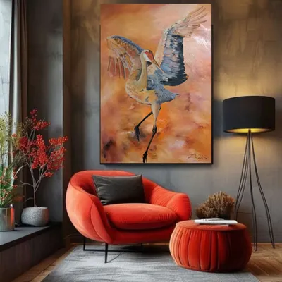 картина маслом "Цапля в оранжевом"