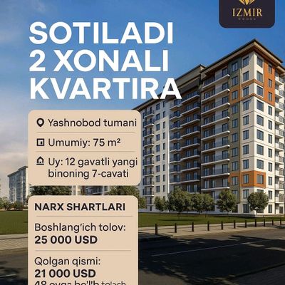 Toshkent da 2xonalik 7 qavat 75m2 uy sotiladi