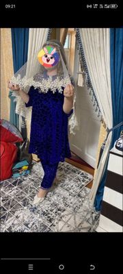 Женское национальное синий помбархад Платье