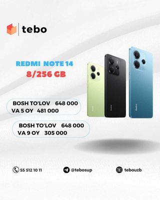 Redmi NOTE 14 8/256 GB Muddatli to'lovga