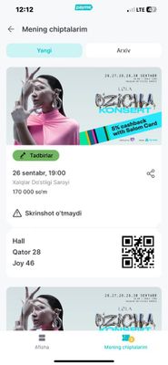 Lola “O’zicha” konsert dasturi uchun bilet 31 qator 5 joy