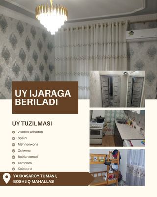 Toshkent shahri Yakkasaroy tumanida 2 xonali kvartira ijaraga beriladi