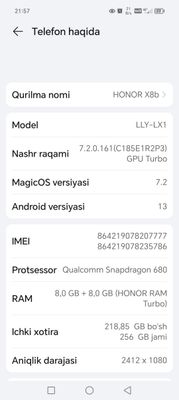 Yangi telefon honor x8b 8/256