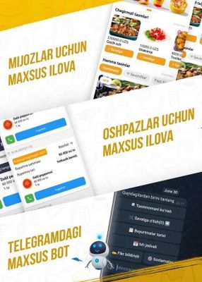 Restoran va Kafelar uchun Telegram Bot , Android , iOS mobil ilovalar