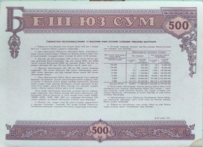 Коллекция 500 сум 1992год 05разряд
