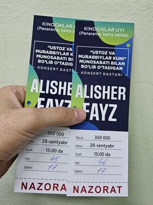 Alisher Fayz konsertiga 2 ta bilet