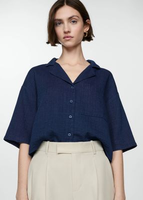 MANGO. Синяя блузка из сжатой ткани