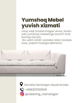 Mebel tozalash xizmati Namangan viloyati bo'ylab