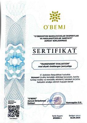 Сертификатланган БАХОЛАШ ХИЗМАТЛАРИ кўрсатамиз.