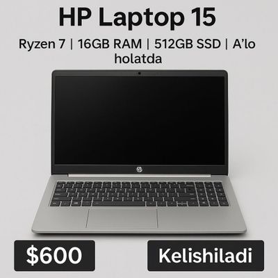 HP Laptop 15 | Ryzen 7 | 16GB RAM | 512GB SSD | A’lo holatda