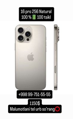 Iphone 16 pro 256 natural 100% 100tsikl
