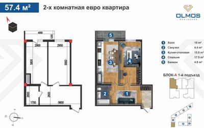 Рассрочка! Квартира в ЖК "Olmos Residence" 57.4 м²