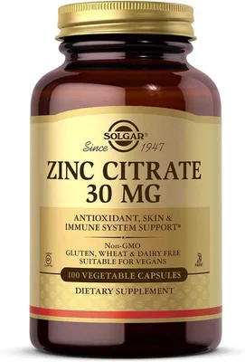 Zinc Citrate 30 mg Цитрат цинка Solgar 100 растительных капсул США