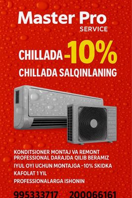 Konditsioner o‘rnatish va ta’mirlash, -10% chegirma, 1 yil kafolat