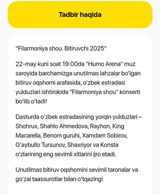 Filarmoniya shov 22 may humo arenada markaziy joy dan 2 ta bilet bor.