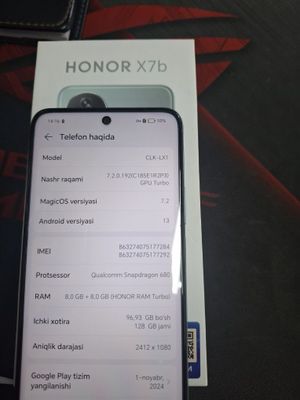 Honor x7b 8+8ram 128gb