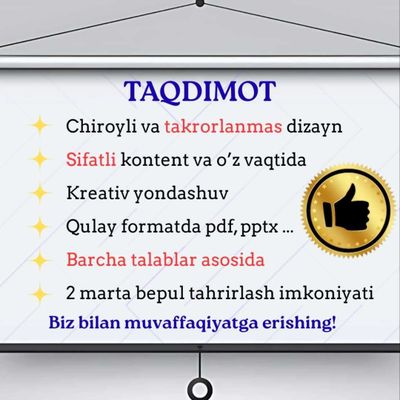 Professional prezentatsiyalar tayyorlayman (PowerPoint, Canva)