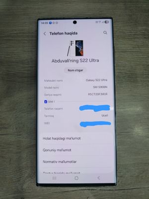 Samsung s22 ultra 5g 12/256gb sotiladi imei oʼtgan oq rang