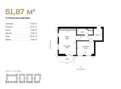 Срочно продается 2 х ком квартира в в ЖК "Mirabad Avenue" 51.87м2