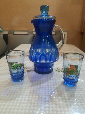 Винтажный набор для напитков: Графин кобальтовый хрусталь и два стакан