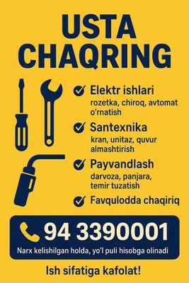 Usta chaqiring. Elektrik, santexnik, sifat va kafolat