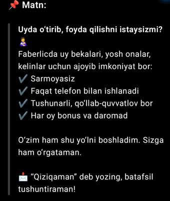 uyda oʻtirib daromad topiwni xoxlayszmi 974519503