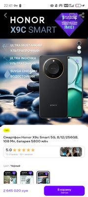 Honer x 9 c smart telefoni sotiladi