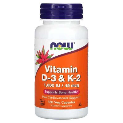 NOW Foods, D3 & K2 Витамины D3 и K2, 120 растительных капсул