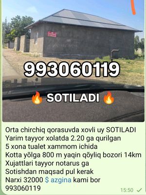 Orta chirchiq qorasuvda xovli uy SOTILADI