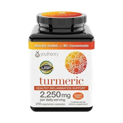 Youtheory Turmeric, Куркума с чёрным перецем 210 веганский капсулы