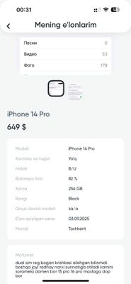 iphone 14 pro idial 256tali 2 ta sim