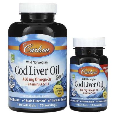 Carlson, Cod Liver Oil, масло печени трески, лимон, 150 + 30 таблеток