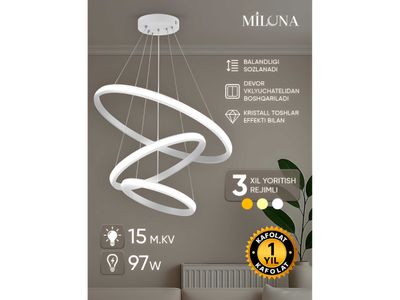Lyustra led, 3 xil yoritish rejimli, zal, yotoqxona uchun qandil
