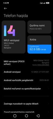 Poco x3 NFC telifon sotiladi 128/ gb Global versiya 14.0.2