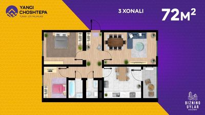 3/6/7 Sergeli Yangi Choshtepa 3xonali 72m² novostroyka 1-metro 200m