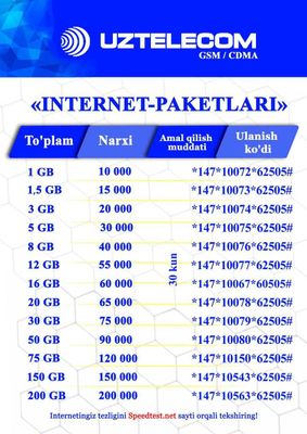 UZMOBILE (UZTELECOM uzmobayl узмобайл)dan arzon mb Internet paket lar