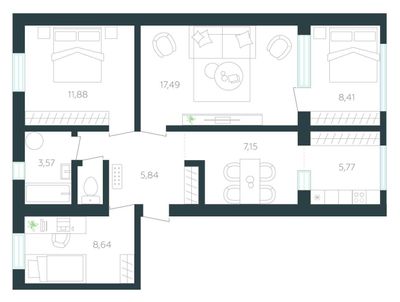 Продается трёхкомная квартира, площадь: 68.75 м²