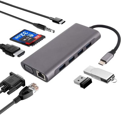 Концентратор Переходник type c to hdmi/vga/lan gigabit,aux,card reader
