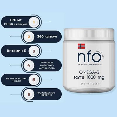 ОМЕГА-3 NORWEGIAN FISH OIL (NFO) 360 капсул, Норвегия