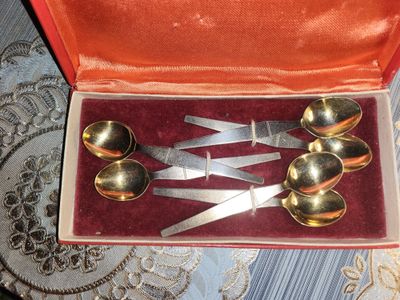 Ложки кофейные серебро позолота 875 проба 6 шт.