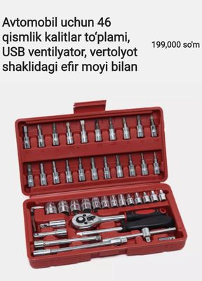 Avtomobil uchun 46 qismlik kalitlar to‘plami, USB ventilyator, vertoly