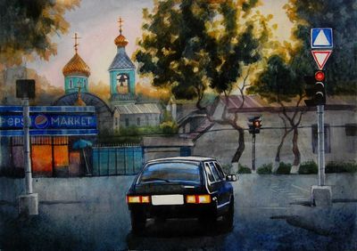 Акварельный городской пейзаж "Перекресток"